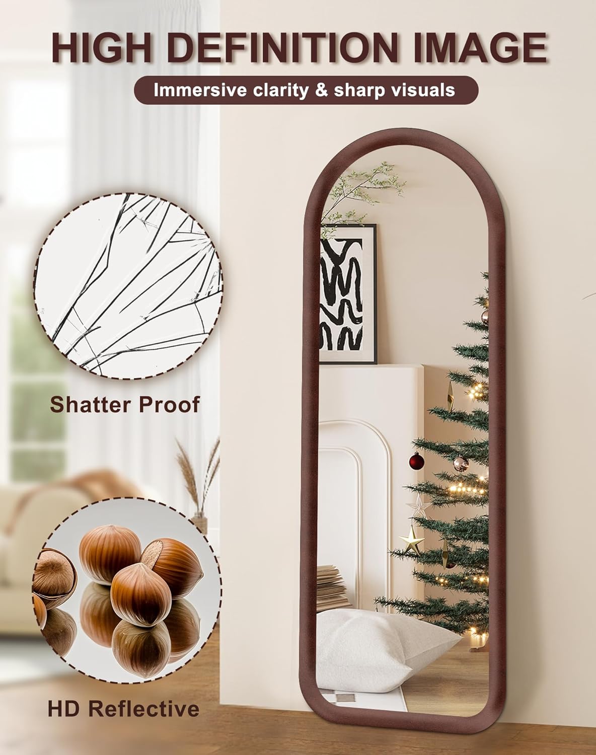 Arched Full Length Mirror, Free Standing Floor Velvet Finish Frame Mirror