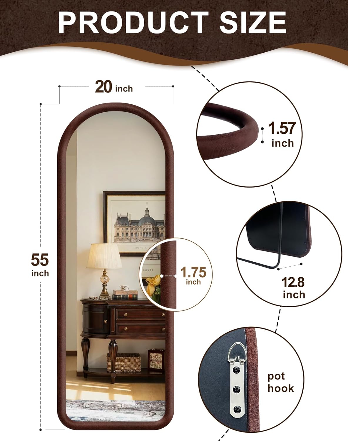 Arched Full Length Mirror, Free Standing Floor Velvet Finish Frame Mirror