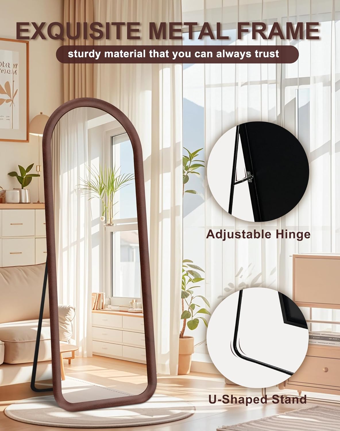 Arched Full Length Mirror, Free Standing Floor Velvet Finish Frame Mirror