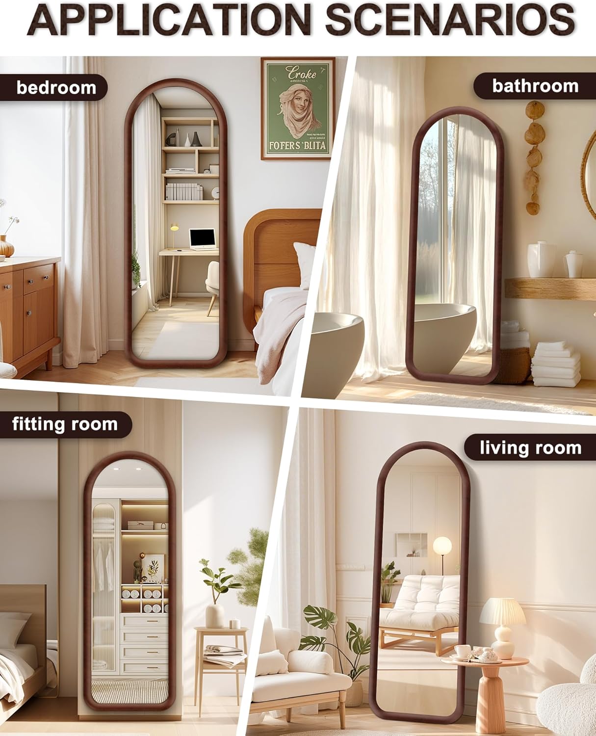 Arched Full Length Mirror, Free Standing Floor Velvet Finish Frame Mirror